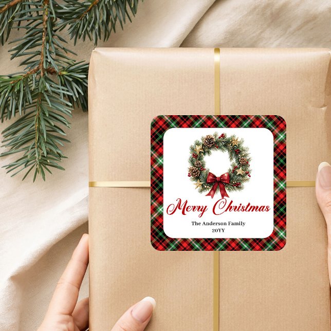 Adesivo Quadrado Watercolor Pine Wreath Christmas Sticker Design (Watercolor Pine Wreath Christmas Sticker Design)