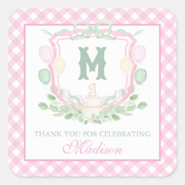 Adesivo Quadrado Watercolor Pink 1st Birthday Monogram Crest Gift