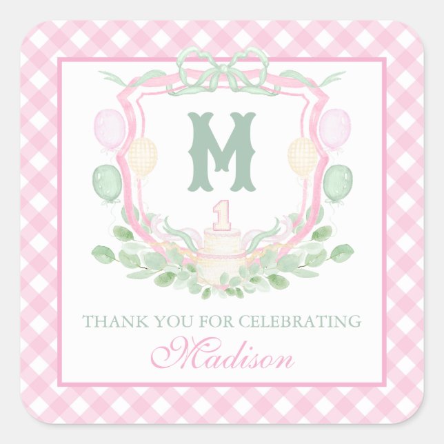 Adesivo Quadrado Watercolor Pink 1st Birthday Monogram Crest Gift (Frente)