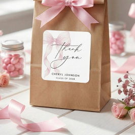 Adesivo Quadrado Watercolor Pink Bow Graduation Thank You