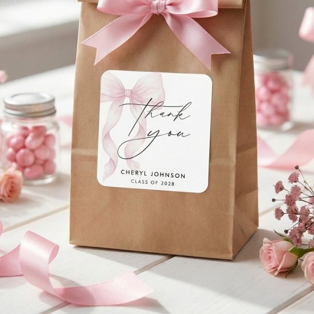 Adesivo Quadrado Watercolor Pink Bow Graduation Thank You (Criador carregado)