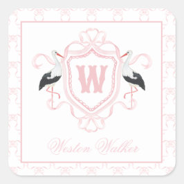 Adesivo Quadrado Watercolor Pink Stork Bow Monogram Crest