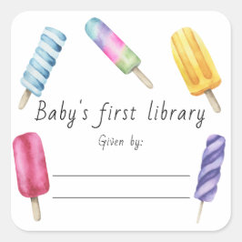 Adesivo Quadrado Watercolor Popsicle A primeira biblioteca do Baby