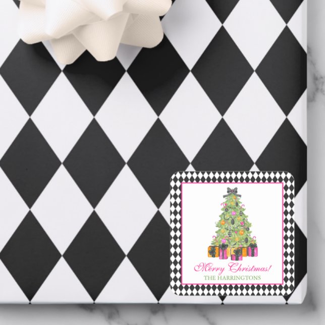 Adesivo Quadrado Watercolor Preppy Bright Glamour Christmas Party (Criador carregado)