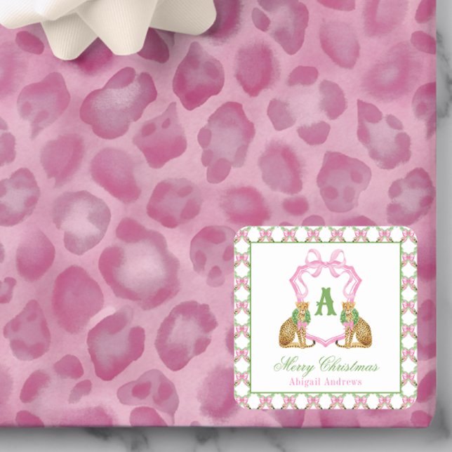 Adesivo Quadrado Watercolor Preppy Leopard Christmas Monogram Crest (Criador carregado)