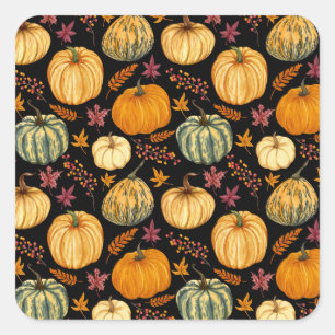 Adesivo Quadrado Watercolor Pumpkins: Padrão Sem Costura de outono.