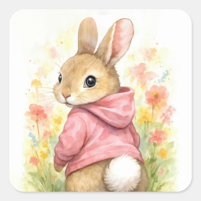 Adesivo Quadrado Watercolor Rabbit in a Pink Hoodie (Frente)