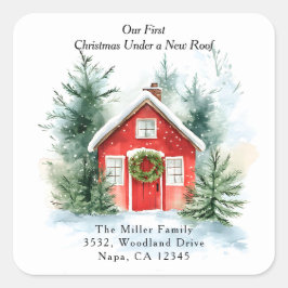 Adesivo Quadrado Watercolor Red House New Address Return Address