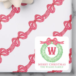 Adesivo Quadrado Watercolor Red Polka Dot Bow Monogram Wreath