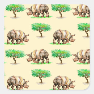 Adesivo Quadrado Watercolor Rhino: Padrão Pintado À Mão.