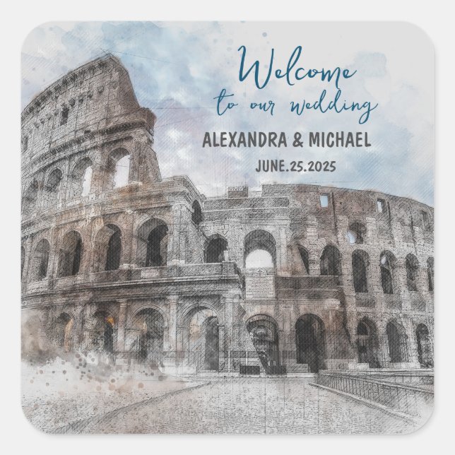 Adesivo Quadrado Watercolor Roma, Itália (Frente)