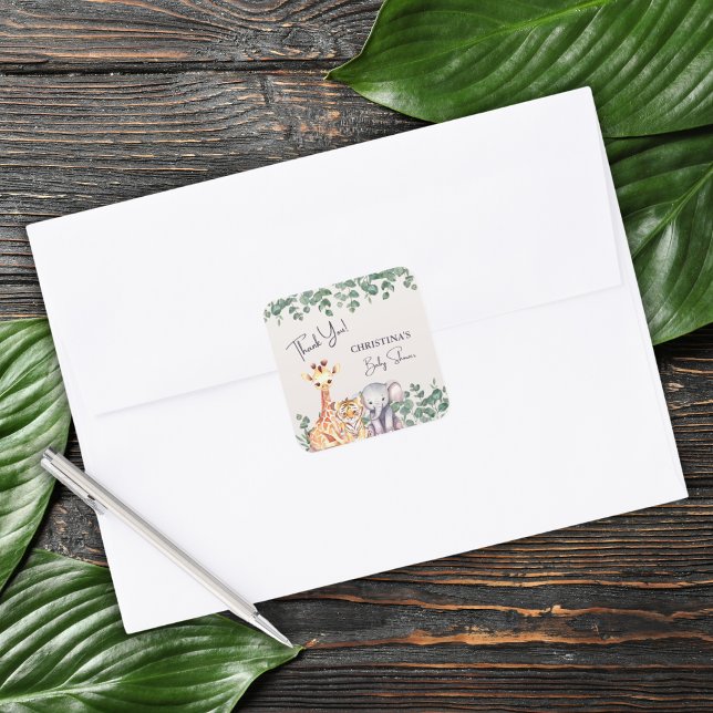 Adesivo Quadrado Watercolor Safari Animais Chá de fraldas Obrigado (Criador carregado)