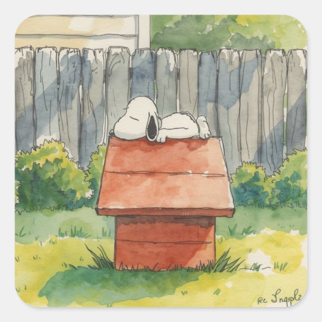 Adesivo Quadrado Watercolor Sleeping Dog on Red Doghouse Art (Frente)
