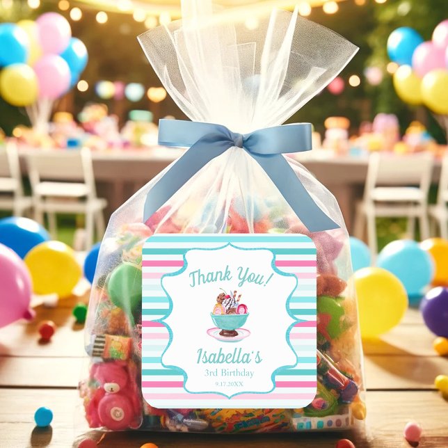 Adesivo Quadrado Watercolor Sorvete Sundae Birthday (Criador carregado)