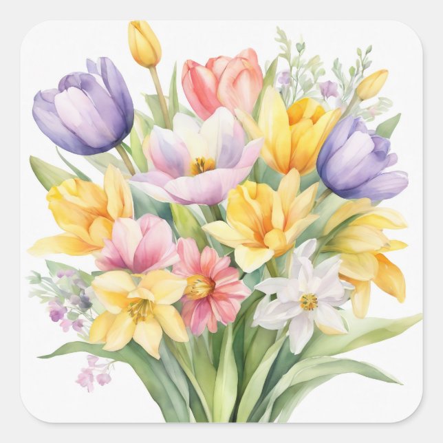 Adesivo Quadrado Watercolor Spring Flowers Tulips (Frente)