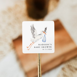 Adesivo Quadrado Watercolor Stork Blue Boy Baby Shower
