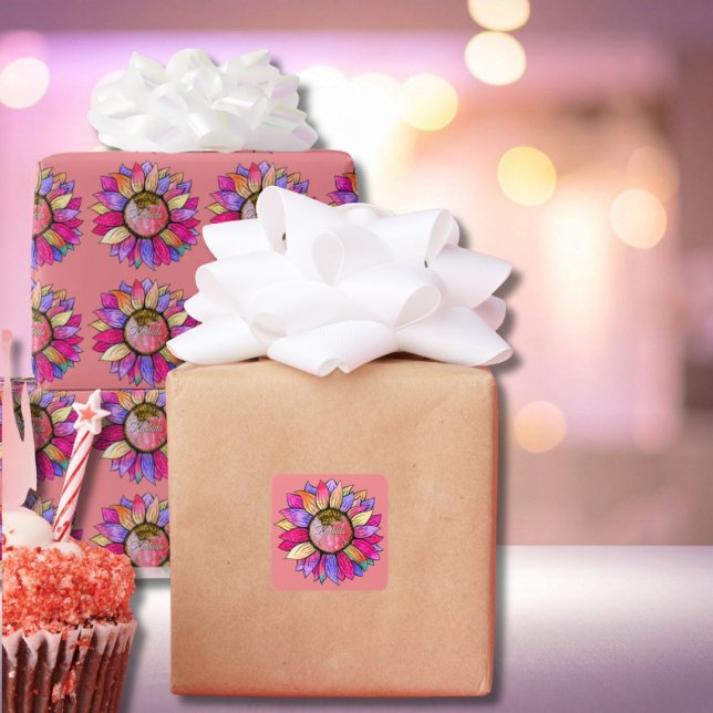 Adesivo Quadrado Watercolor Sunflower Summer Pink & Purple  (Criador carregado)