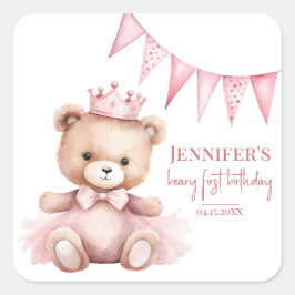 Adesivo Quadrado Watercolor Teddy Bear Girl 1st Birthday Stickers