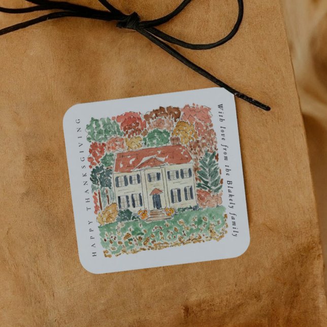 Adesivo Quadrado Watercolor Thanksgiving Autumnal Georgian House (Watercolor Thanksgiving Autumnal Georgian House Square Sticker)