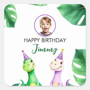 Adesivo Quadrado Watercolor Trex Kids Foto Aniversário