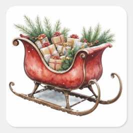 Adesivo Quadrado Watercolor Vintage Christmas Sleigh