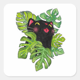 Adesivo Quadrado Watercolor Whimsical Black Cat And Monstera Leaves