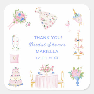 Adesivo Quadrado    Watercolor whimsical hand drawn bridal shower
