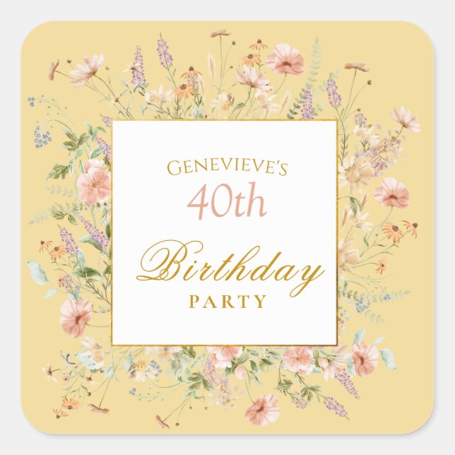 Adesivo Quadrado Watercolor Wildflowers 40th Yellow Birthday (Frente)