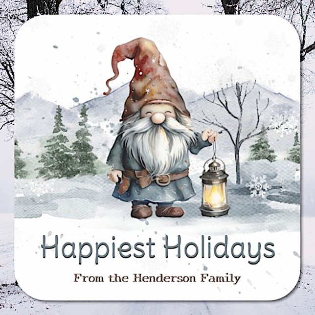 Adesivo Quadrado Watercolor Winter Christmas Gnomo Personalizado (Watercolor Winter Christmas Gnome Personalized Square Sticker)