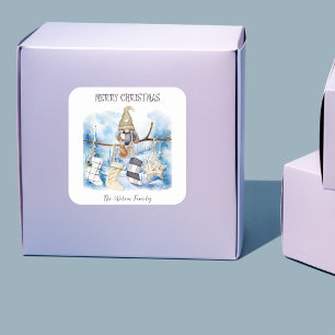 Adesivo Quadrado Watercolor Winter Lady Gnome Felry Christmas