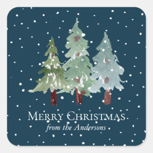 Adesivo Quadrado Watercolor Winter Snowy Pine Natal