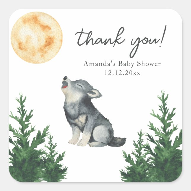 Adesivo Quadrado Watercolor Wolf Baby Shower Thank you (Frente)