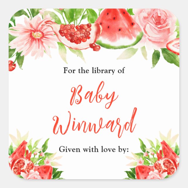 Adesivo Quadrado Watermelon Pomegranate Baby Shower Bookplate (Frente)