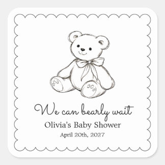 Adesivo Quadrado "We Can Bearly Wait" Baby Shower Gender Neutral