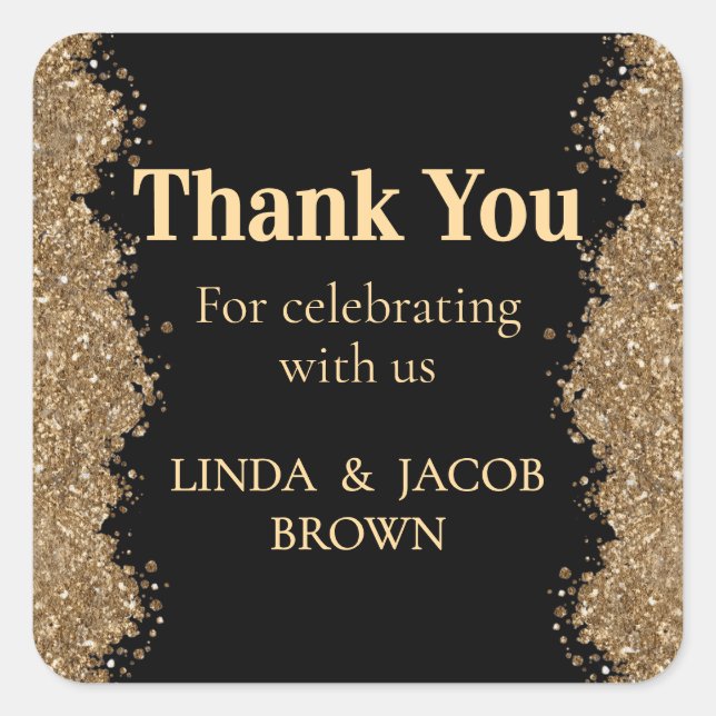 Adesivo Quadrado Wedding Anniversary Gold Faux Glitter Thank You (Frente)
