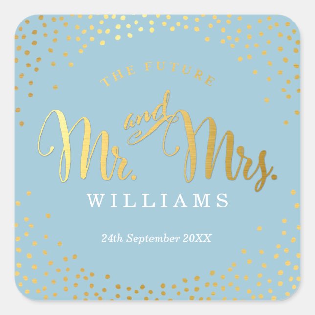 Adesivo Quadrado WEDDING SEAL na moda mini ouro confete azul (Frente)