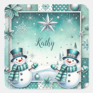 Adesivo Quadrado Weihnachten: Schneemänner türkise