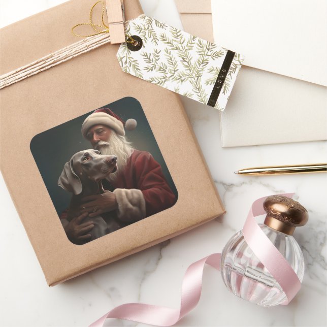 Adesivo Quadrado Weimaraner com Papai Noel Natal Festivo (Presentear)