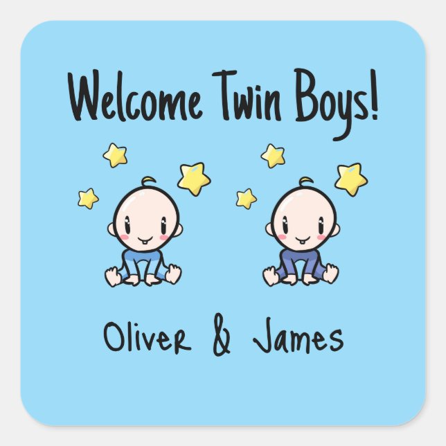 Adesivo Quadrado Welome Twin Boys!, Blue, Personalized Twin Babies  (Frente)