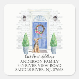 Adesivo Quadrado Welsh Terrier Blue Door New Address Label Sticker