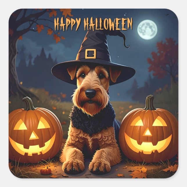 Adesivo Quadrado Welsh Terrier Halloween (Frente)