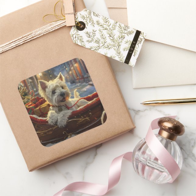 Adesivo Quadrado West Highland White Terrier Cão Natal Festivo (Presentear)