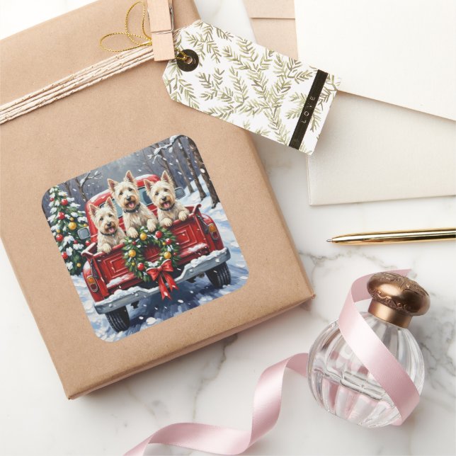 Adesivo Quadrado West Highland White Terrier Christmas Red Truck (Presentear)