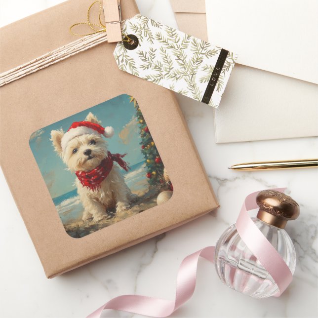 Adesivo Quadrado West Highland White Terrier Dog Christmas Beach (Presentear)