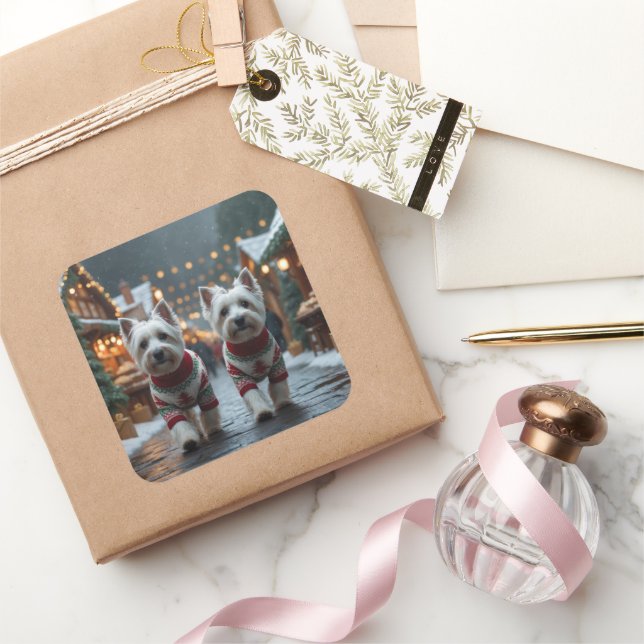 Adesivo Quadrado West Highland White Terrier Dogs Christmas Snow  (Presentear)