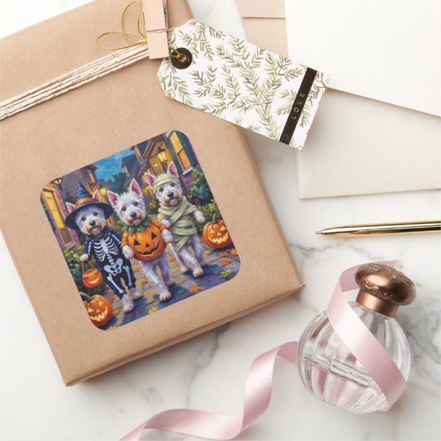 Adesivo Quadrado West Highland White Terrier Em Figurinos De Hallow (Presentear)