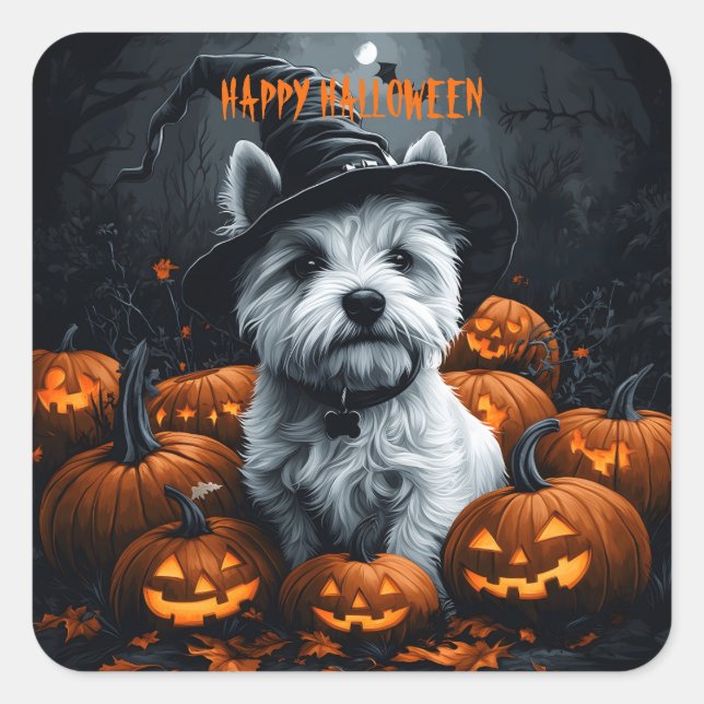 Adesivo Quadrado West Highland White Terrier Halloween (Frente)