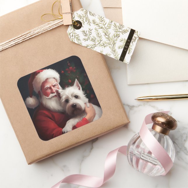 Adesivo Quadrado West Highland White Terrier Santa Claus Natal (Presentear)
