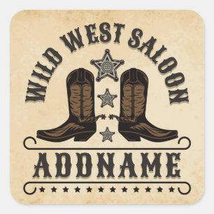 Adesivo Quadrado Western Cowboy Boots ADD NAME Xerife Spurs Saloon