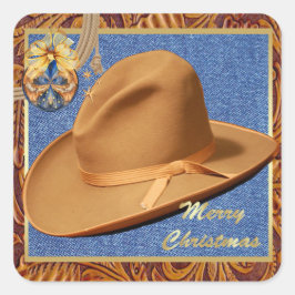 Adesivo Quadrado Western Cowboy Hat Denim Leather Feliz Natal